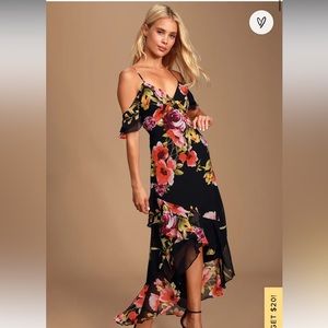 Lulus love in Bloom Black Floral Print Off-the-Shoulder High-low Dress medium